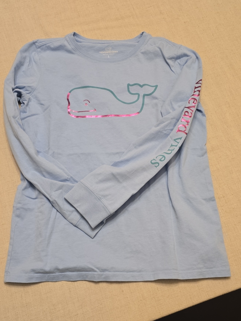 Vineyard Vines Light Blue Long-Sleeve Tee with Pink Accent Whale